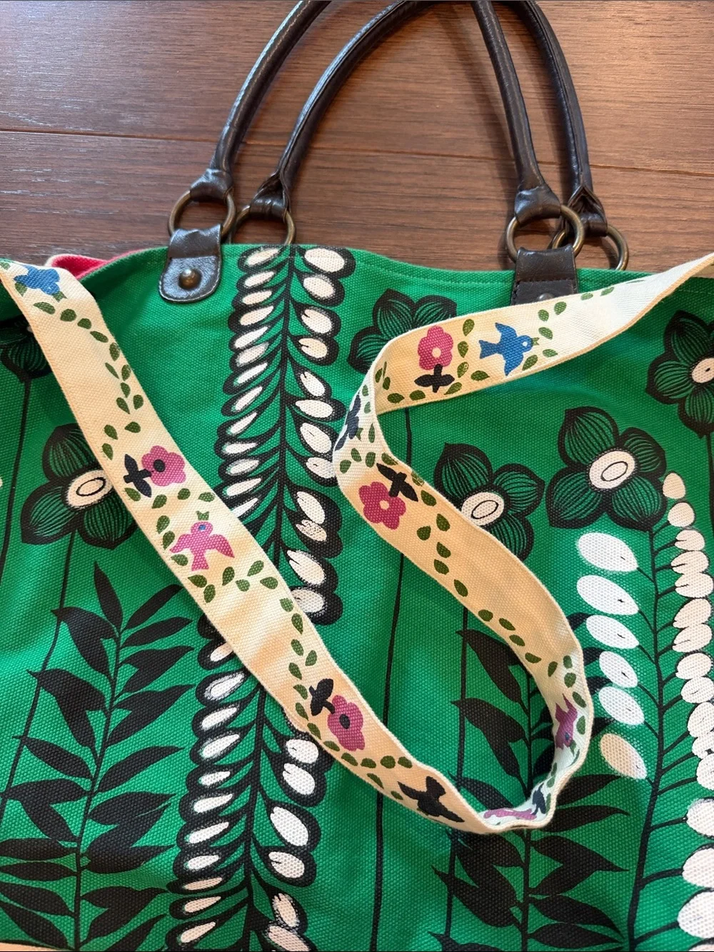 Neat Canvas Floral Tote Bag with Pink & Green Print With Leather Straps